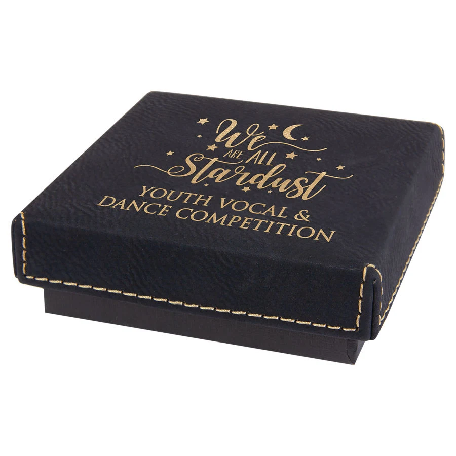 3 1/2" x 3 1/2" Black/Gold Medal Box with Leatherette Lid 1