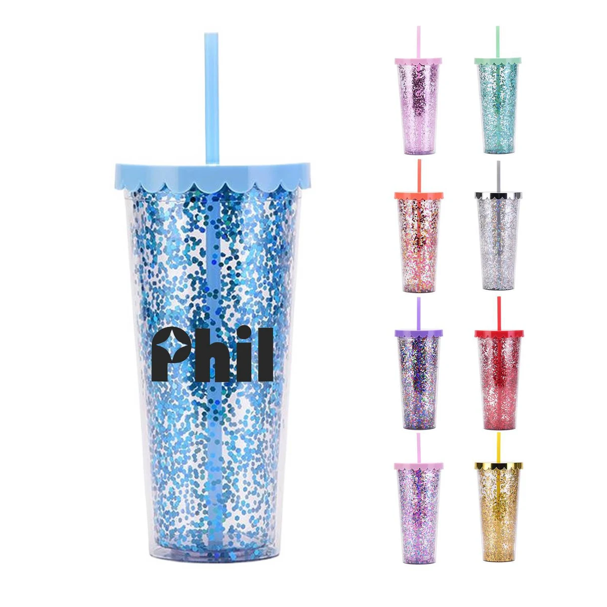 24oz Double Wall Plastic Glitter Tumbler w/ Straw 1