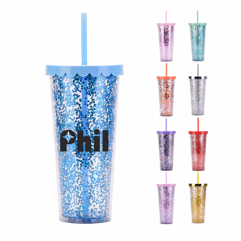 24oz Double Wall Plastic Glitter Tumbler w/ Straw