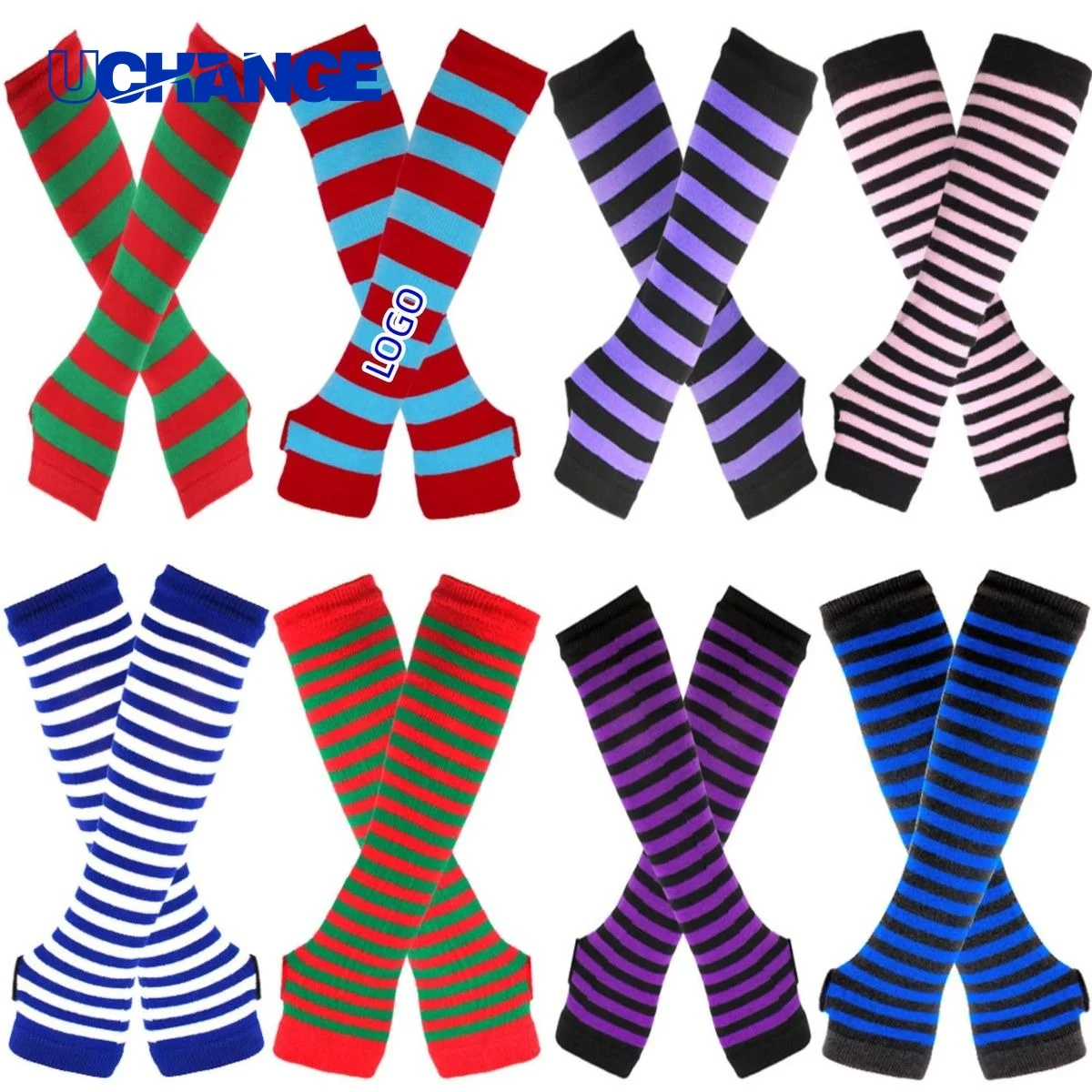 Striped Knit Arm Warmer Gloves 1