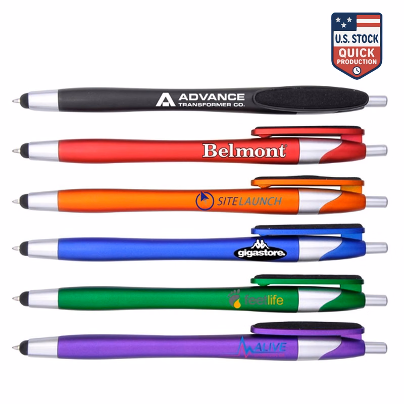 Ballpoint Pen & Stylus with Fiber Cloth Clip Cleaner – Colorful Barrel & Chrome Accents