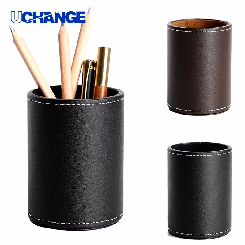 Round Leather Pen Holder Desktop Accessory for Office