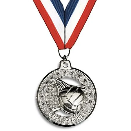 Medallion: 2" Circle Cut Out Volleyball Silver w/ 1