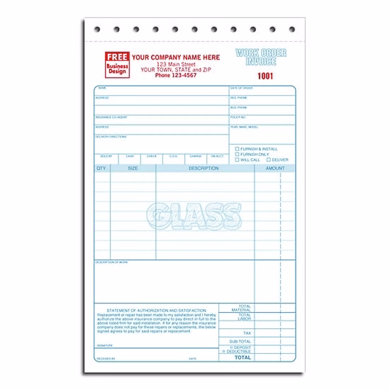 Glass Repair Work Orders, Invoices