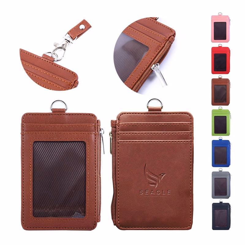Lanyard 6 Pockets PU Leather Card Holder With Zippered Pocket