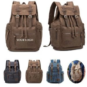 Drawstring Bundle Pocket Men's Vintage Leather Canvas Backpacks 1