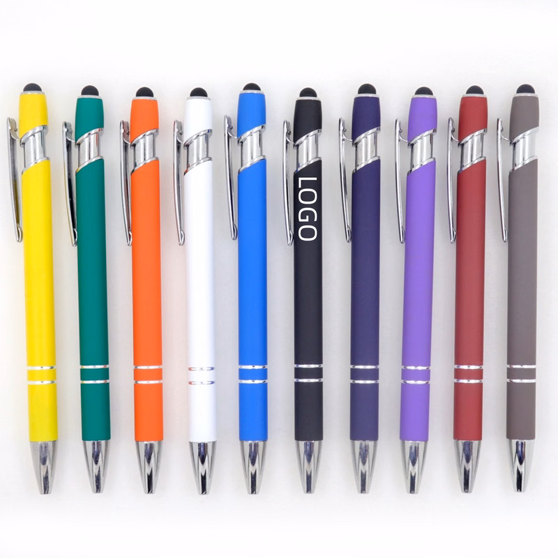 Rainbow Rubberized Soft Touch Ballpoint Pen with Stylus Tip a stylish