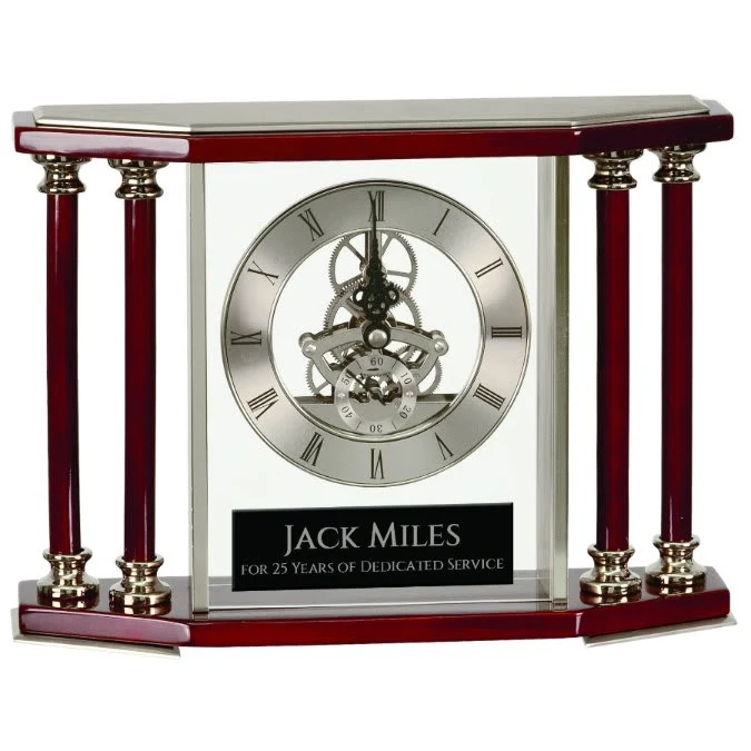 7 1/4" Executive 4-Pillar Silver & Rosewood Piano Finish Clock 1