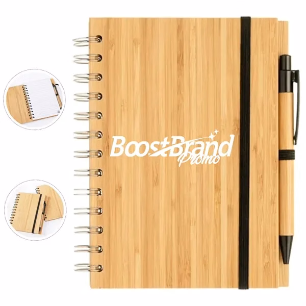 Custom Bamboo A5 Spiral Notebook with Matching Pen — Sustainable Corporate Gifting