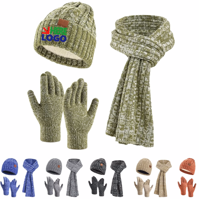 Winter Knit Warm Hat Scarf Touch Screen Gloves Set
