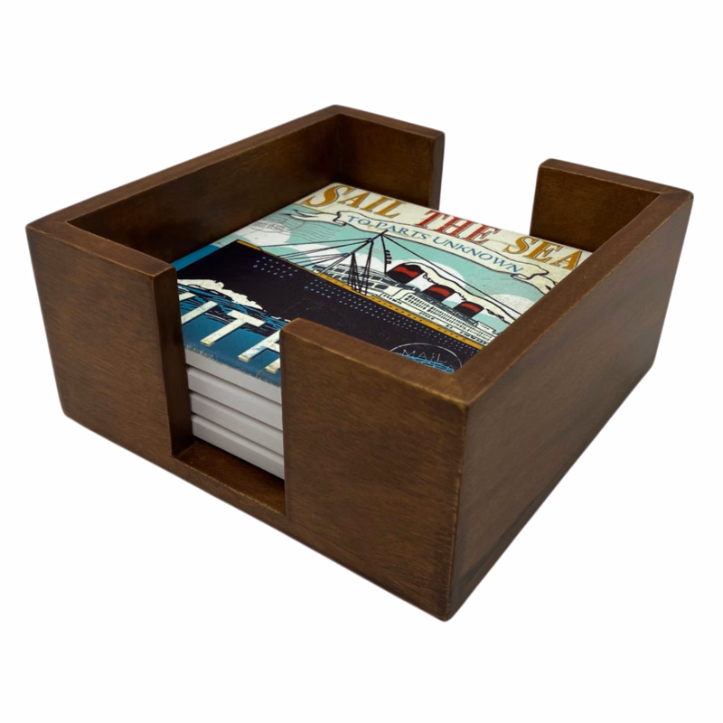 Walnut Finish Wooden 4 Coaster Holder Sets