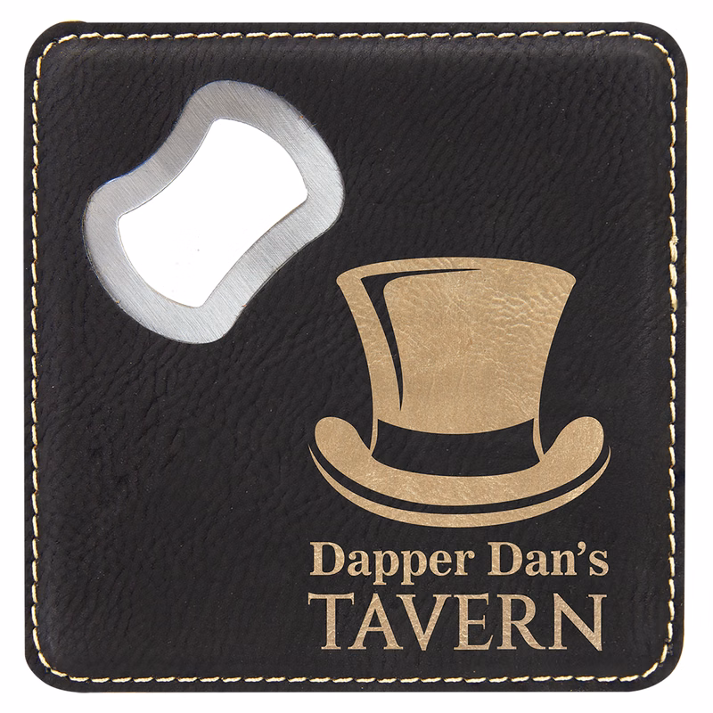 4" x 4" Square Black/Gold Leatherette Coaster w/ Bottle Opener