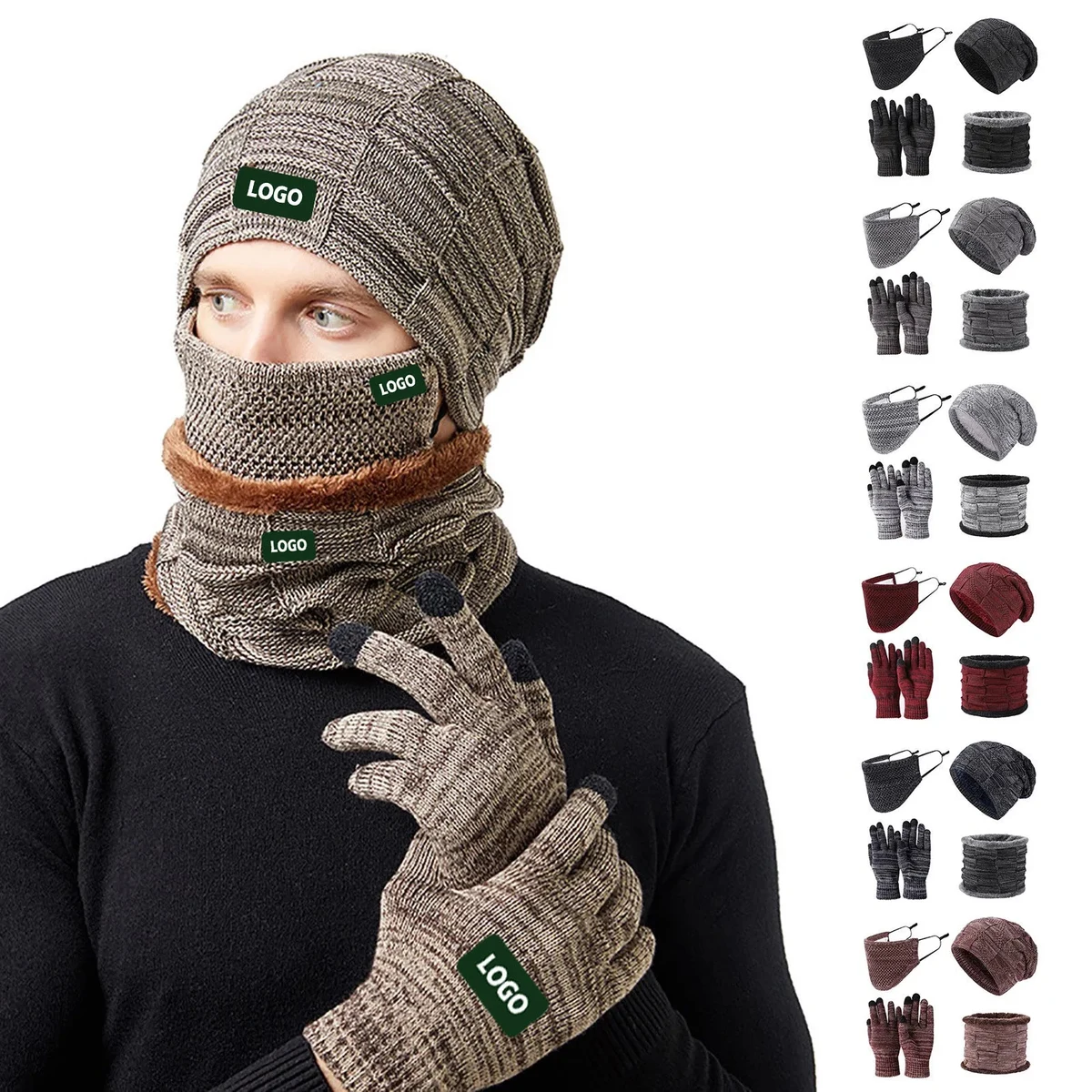 4 pcs Winter Beanie Hat Touchscreen Gloves Warm Set 1