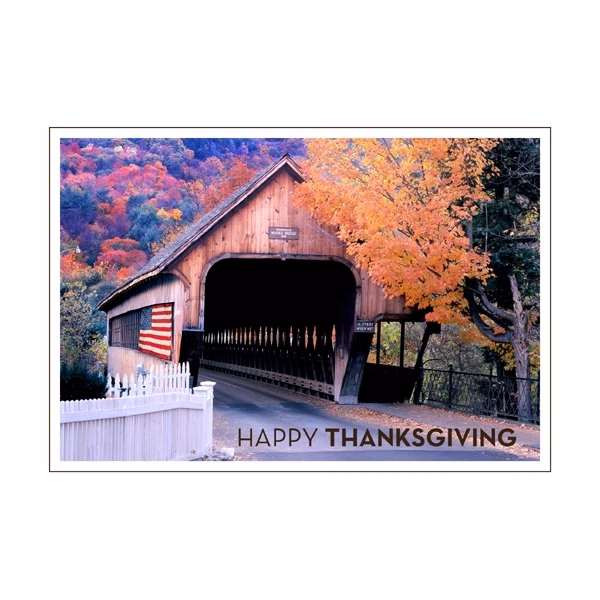 Covered Bridge and American Flag Thanksgiving Card
