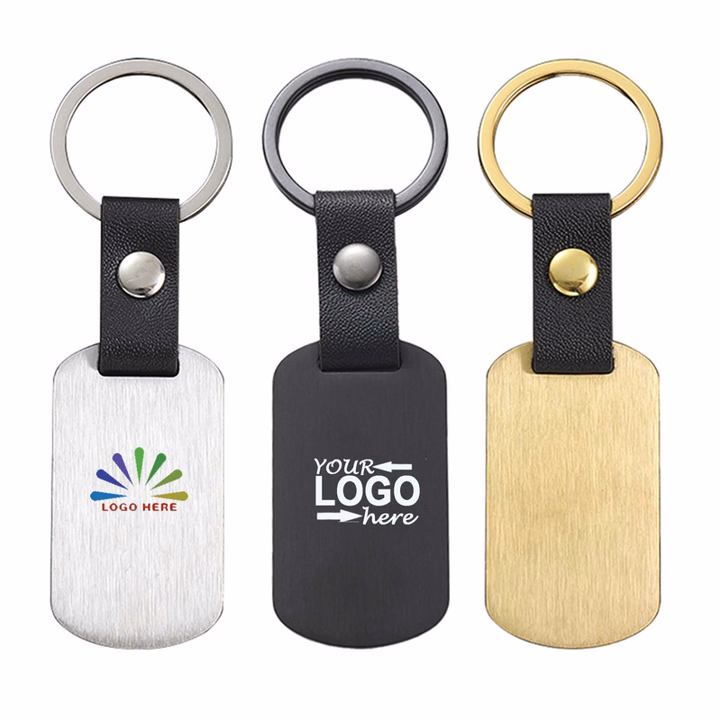 Metal Plate Rectangular Leather Keychains