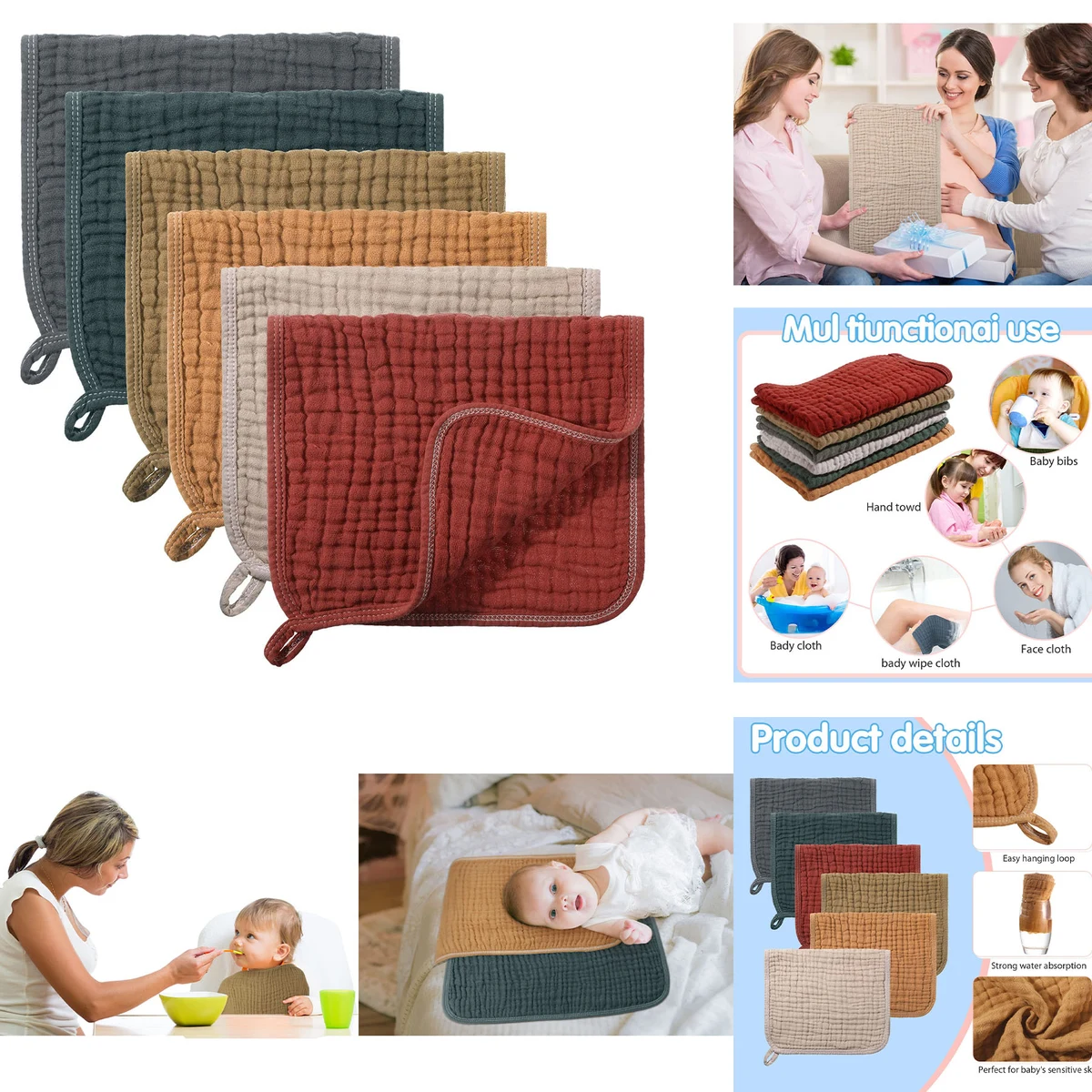 6 Pieces Large 20 x 10 Inch Muslin Burp Cloths 1