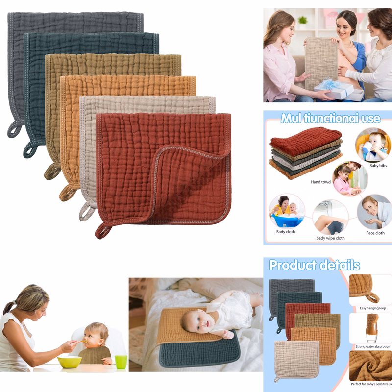 6 Pieces Large 20 x 10 Inch Muslin Burp Cloths