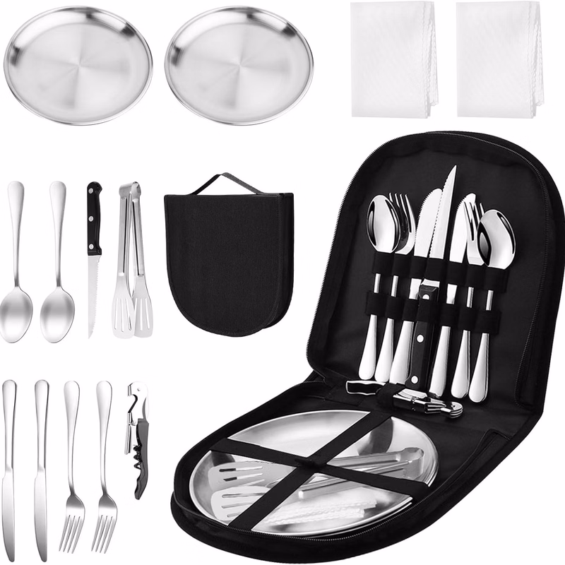 14 Piece Camping Utensil Set Stainless Steel Travel Kit
