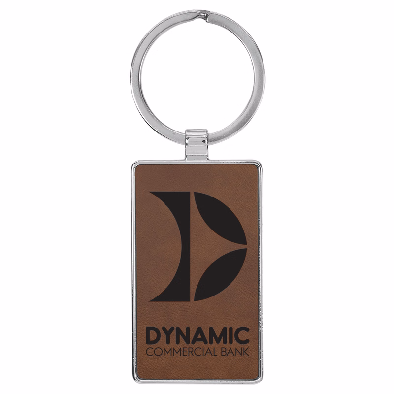 Dark Brown Leatherette/Metal Rectangle Keychain