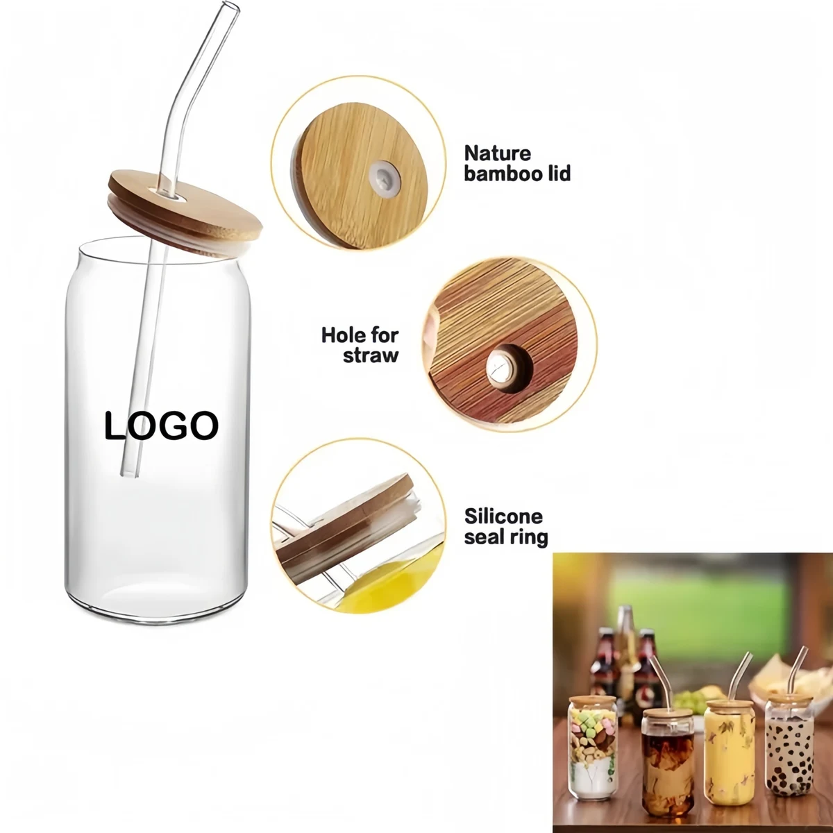 4-piece glass cup set with bamboo straw and lid, with brush 1