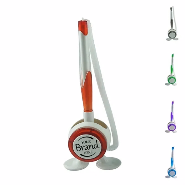 Custom 5.5" ABS Desktop Pen With Adhesive Base & Coiled Cord — Office Counter Essential