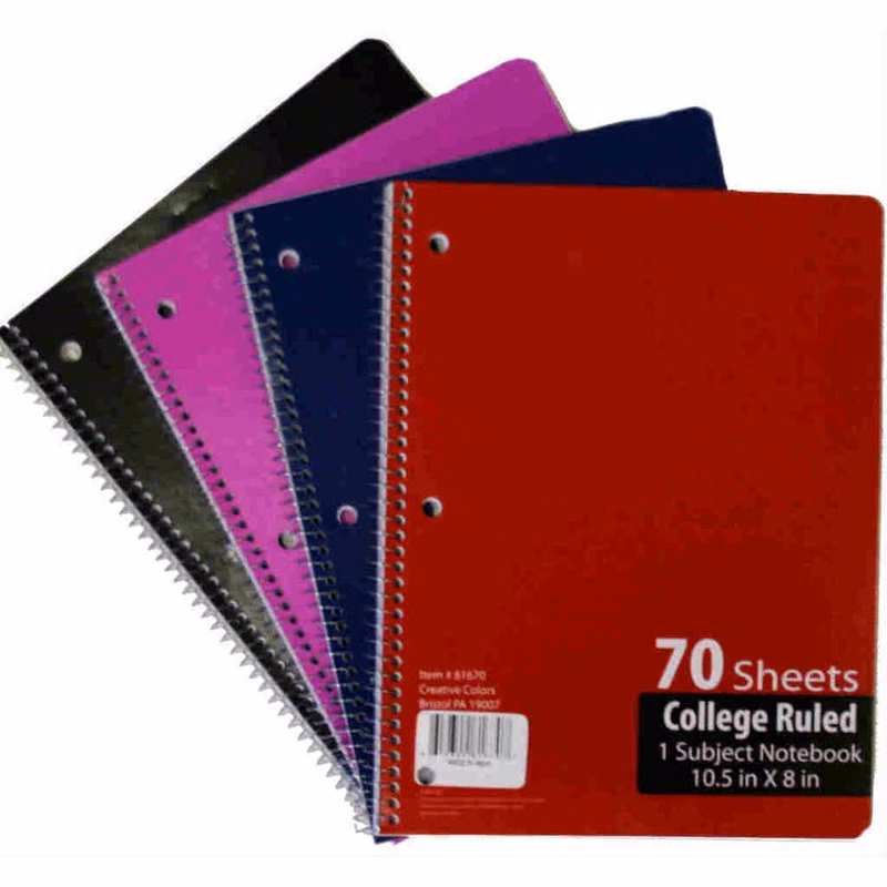 1 Subject College Ruled Spiral Notebooks - 70 Sheets 4 Colors