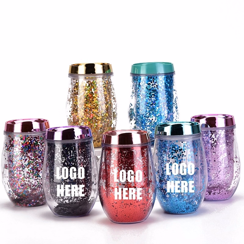 Custom Transparent AS Plastic Sequin Stemless Wine Glasses