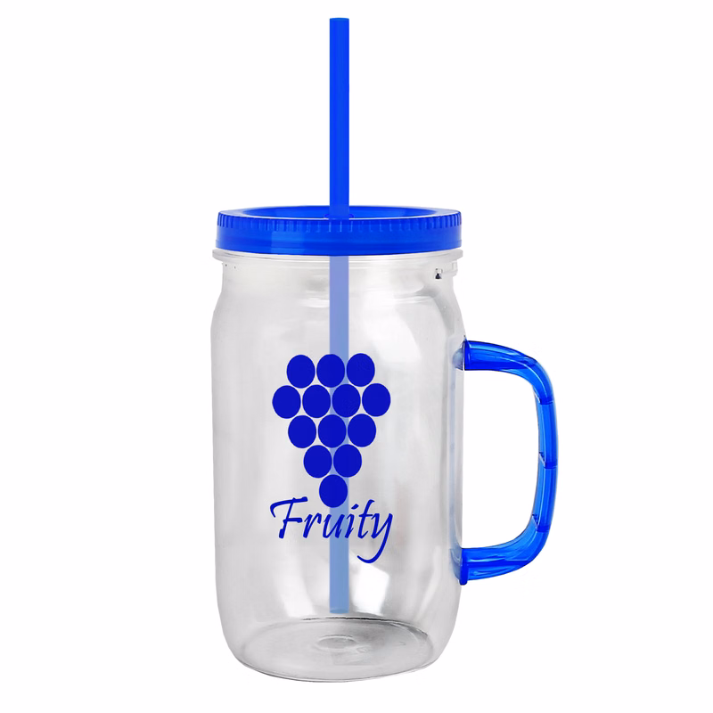 27 oz. Tritan Clear Mason Jar with Translucent Colored Handle, and Straw