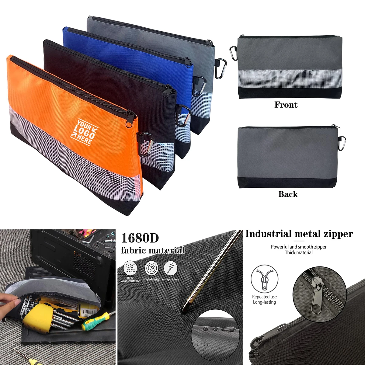 Small Tool Pouch Multipurpose Storage Zipper Bag with Carabiner Hook 1