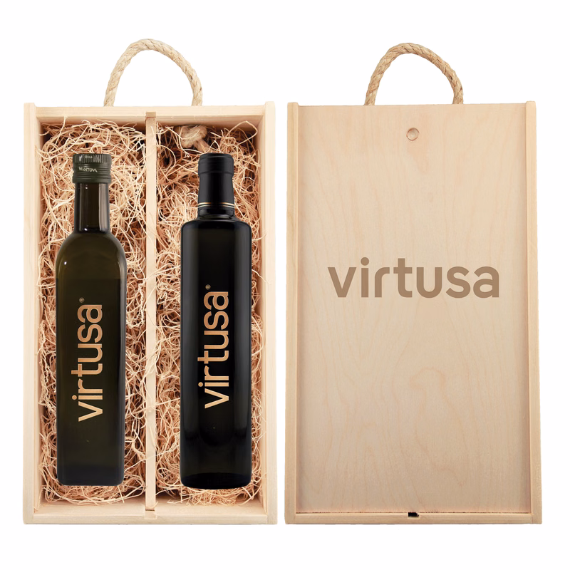 Laser-Engraved Wood Box w/Custom Etched Balsamic Vinegar + Olive Oil Bottles