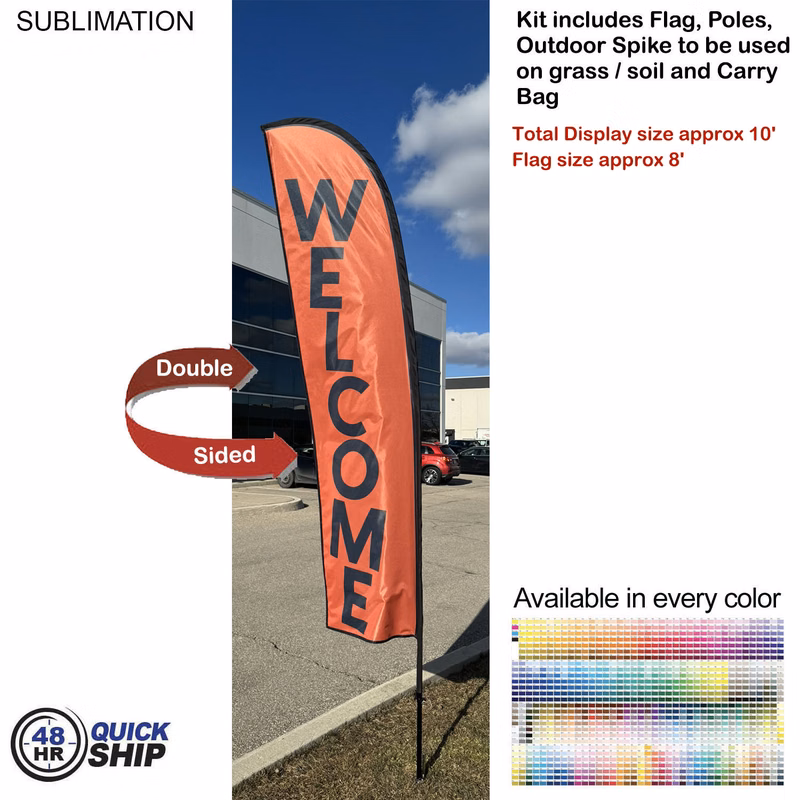 48 Hr Quick Ship - 10' Small Feather Flag Kit, Full Color Graphics Double Sided, Spike and Bag
