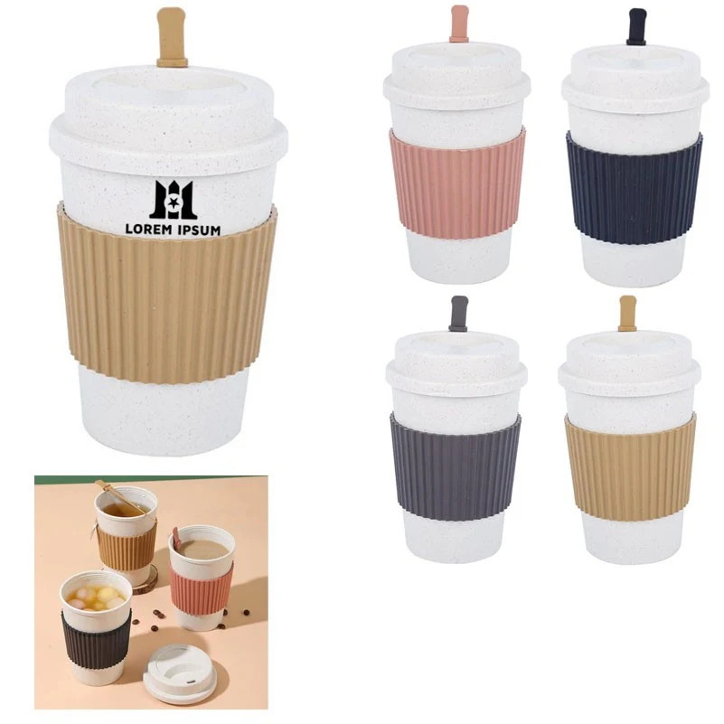 6.5x3.6" Wheat Straw Travel Coffee Mug with Silicone Sleeve 1