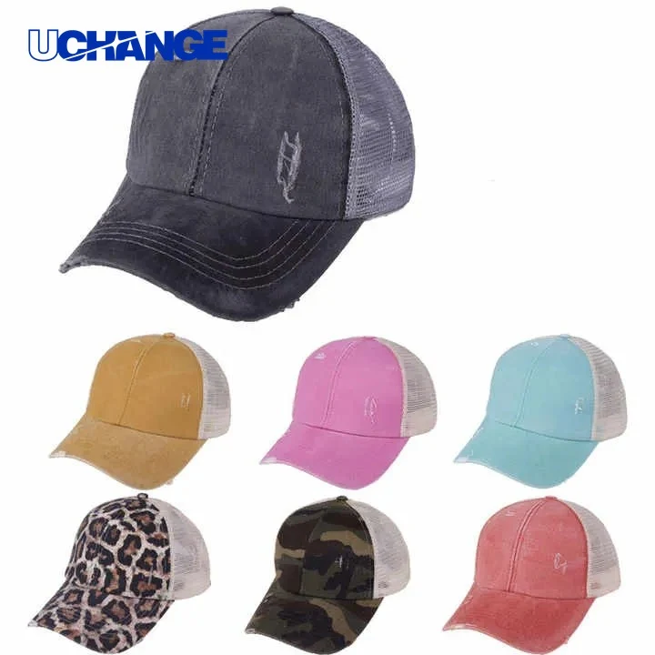 Distressed Ponytail Baseball Cap Open-Back Style for Casual Use 1