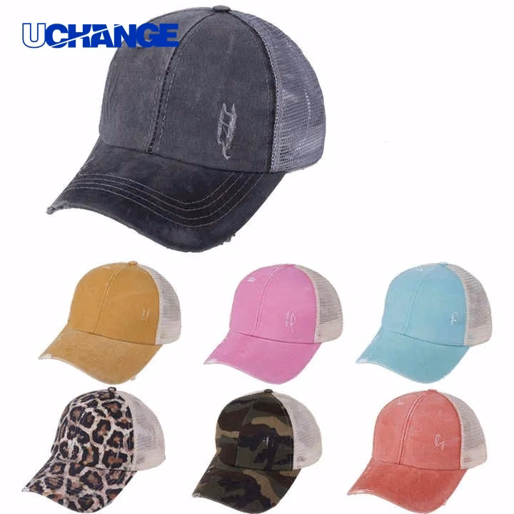 Distressed Ponytail Baseball Cap Open-Back Style for Casual Use