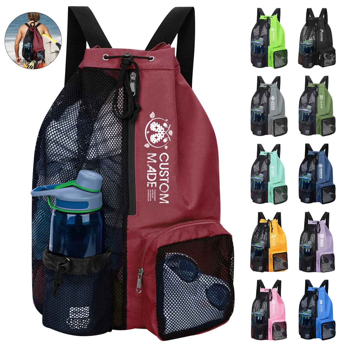 Foldable Nylon Mesh Polyester Gym Drawstring Sports Backpack With Bottle Holder 1