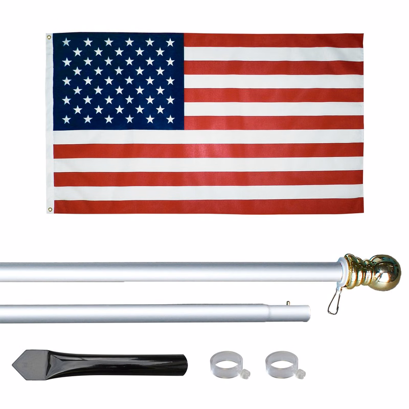 10' Silver Inground Economy Aluminum Display Pole w/ 3' x 5' Printed US Flag
