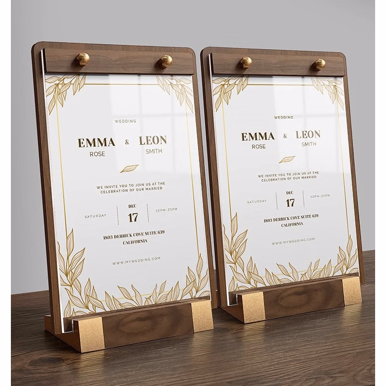 Acrylic Sign Holder with Wood-Color Base