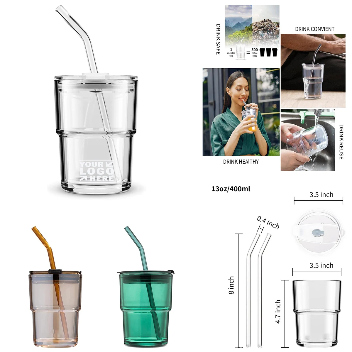 13oz Glass Tumbler with Straw and Lid 1