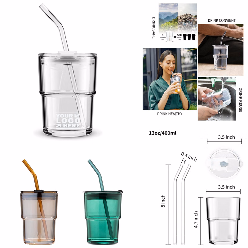 13oz Glass Tumbler with Straw and Lid