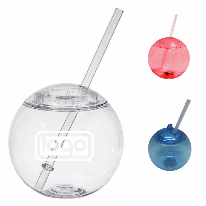 16 oz Plastic Party Clear Ball Cups w/ Straw