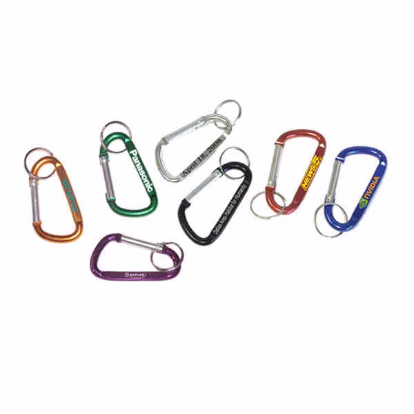 Carabiner with split key ring, solid aluminum construction.