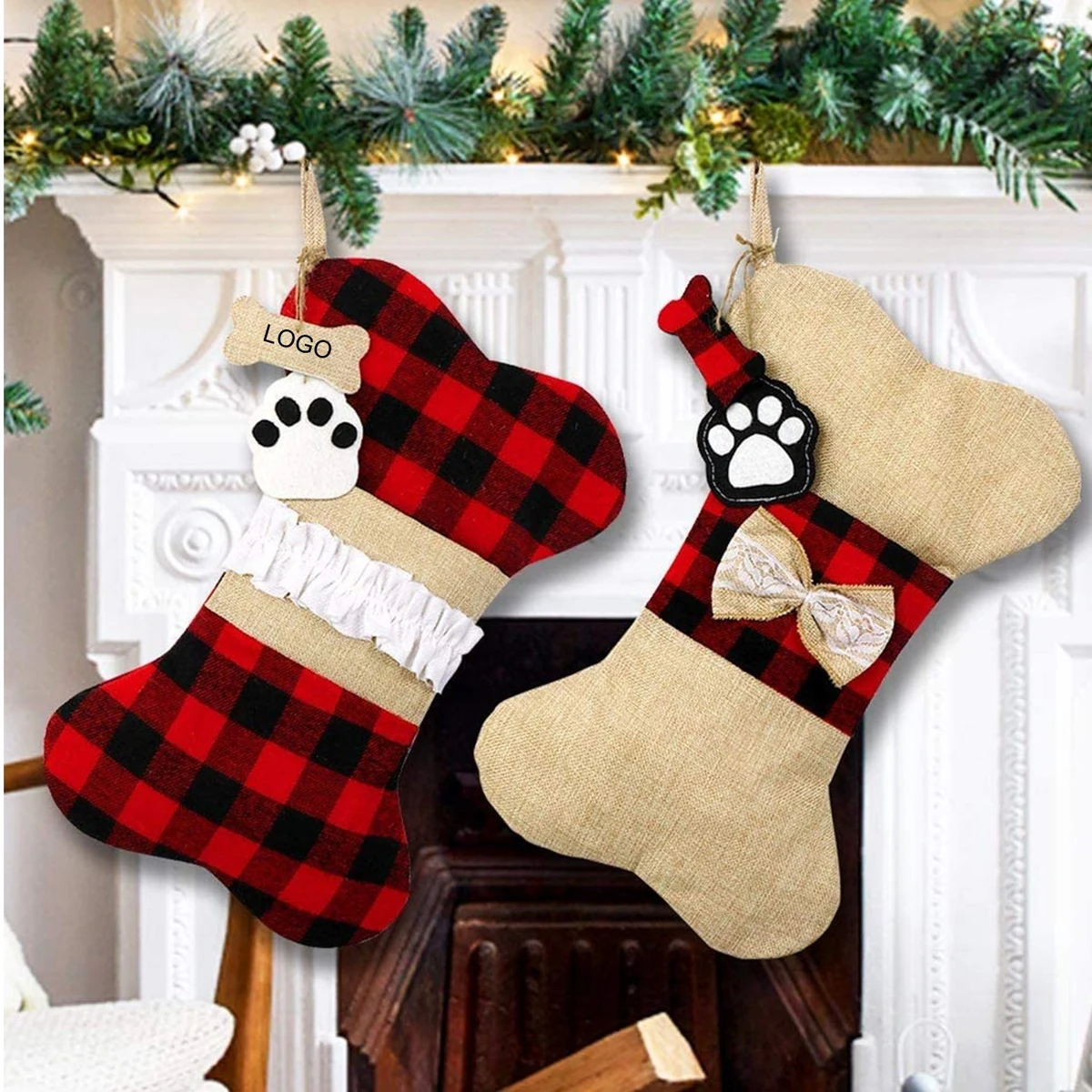 Pet Dog Christmas Stockings, Burlap Plaid Large Bone Shape Pets Stockings 1