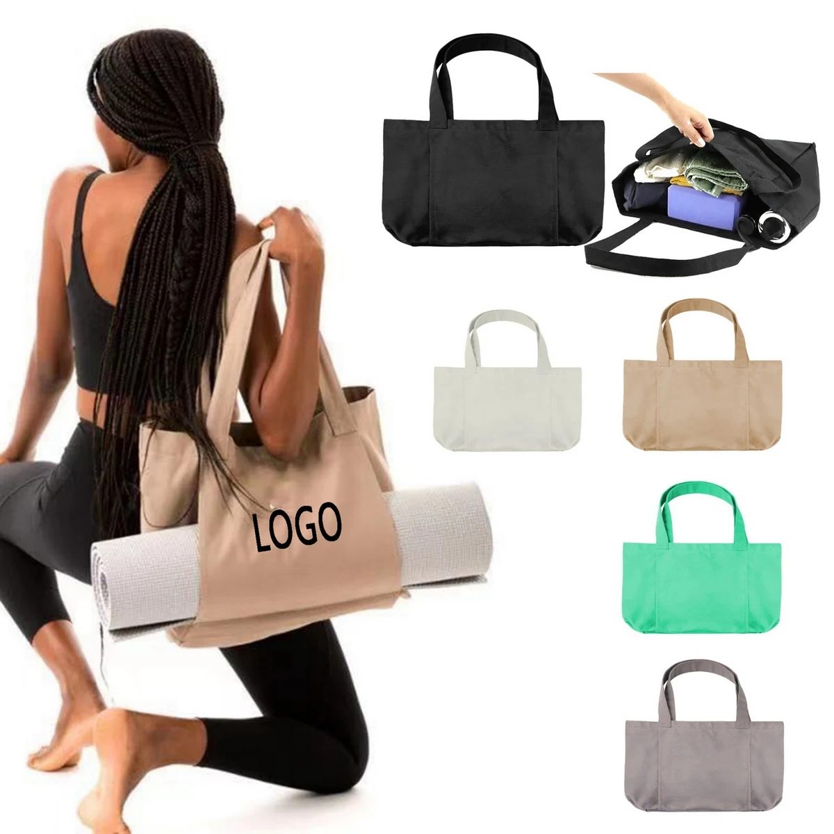 Canvas Tote Bag with Yoga Mat Carrier, custom tote bag with logo imprint 1