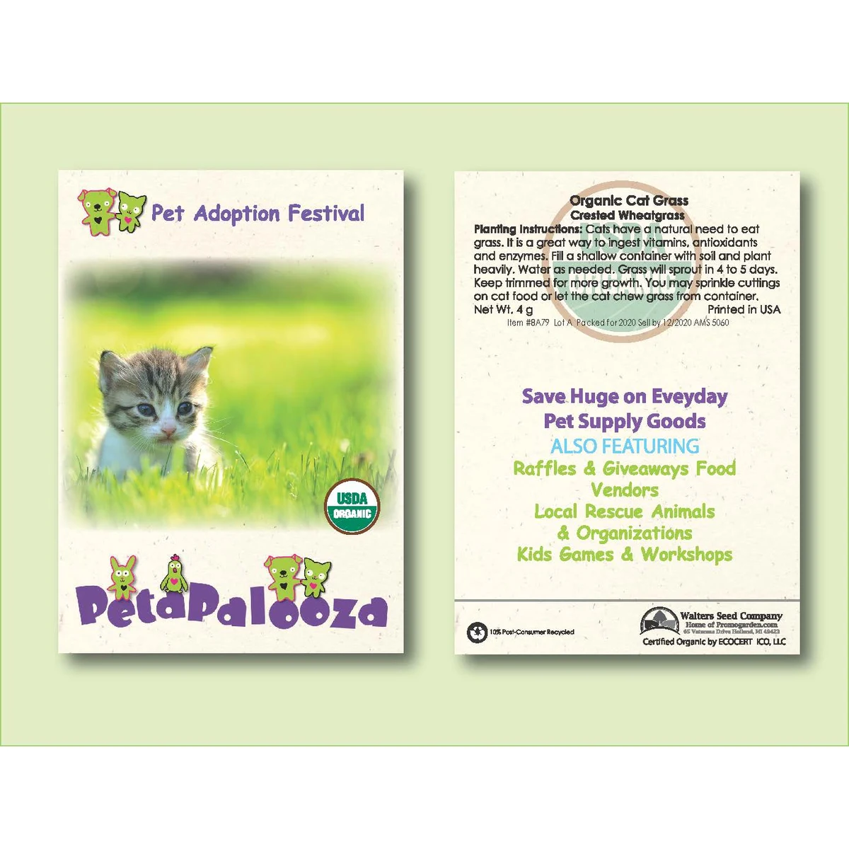 Organic Cat Grass Seed Packet - Wheat Grass - Standard Size 3.25" x 4.5" 1