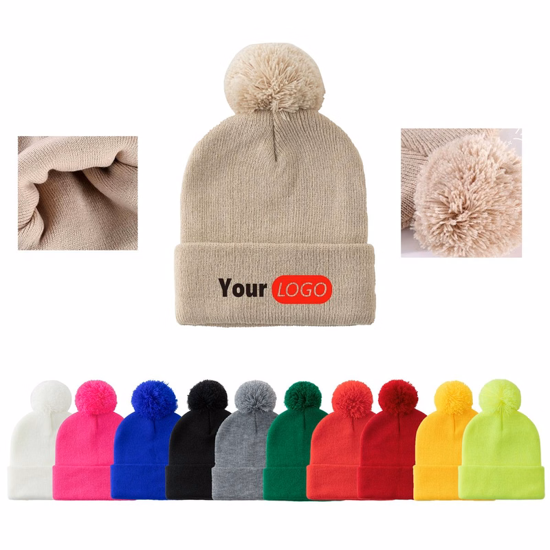 Cuffed Acrylic Beanie With Poms