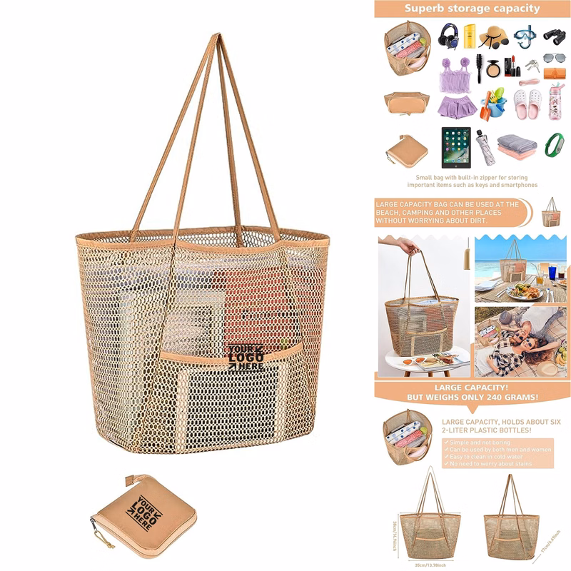 Women Multiple Pockets Mesh Beach Tote Bag