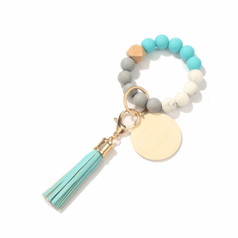 MOQ 10 PCS Customizable Silicone Key Bead Wood Bracelet Keychain