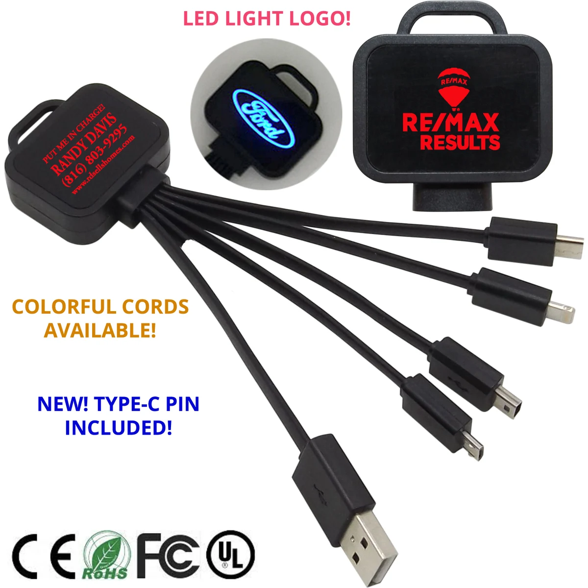USB Universal Charging Cable LED Neon Light Logo - W/ Type C 1