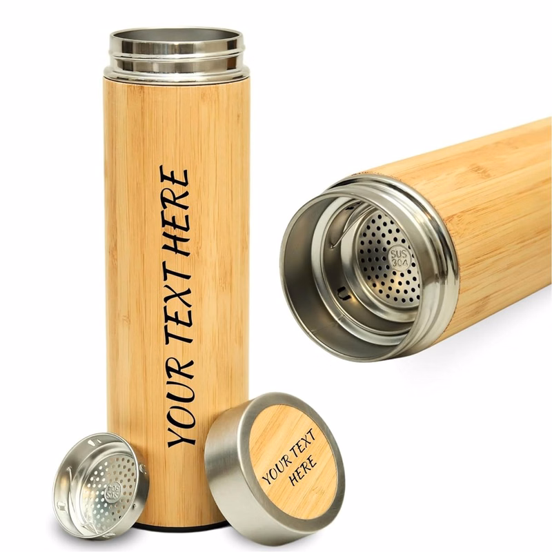 Natrual Bamboo, BPA-Free, Vacuum-Sealed Insulated, Hot-Cold Water Bottle Bamboo and Stainless Steel