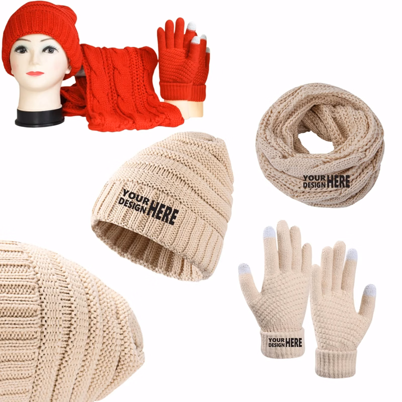 Knitted Hat, Scarf And Gloves Three - Piece Set